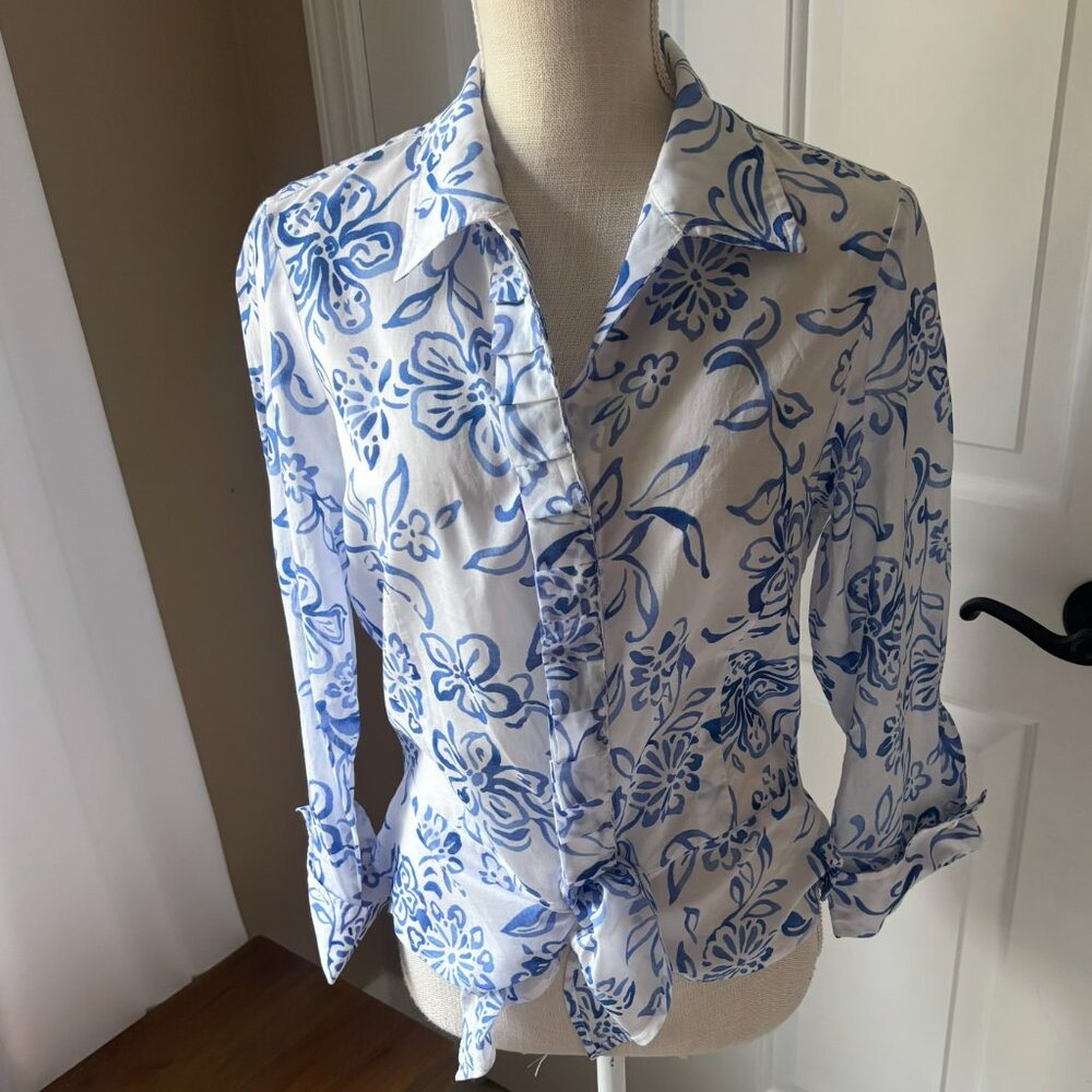 Jones NY - 100% Cotton Floral Feminine Button Up Blouse (Size: M)